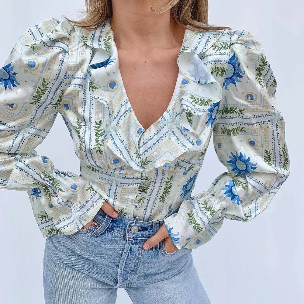Never Fully Dressed Sunniva Top Cream Print Celestial Sun Satin Blouse US 22 NEW
